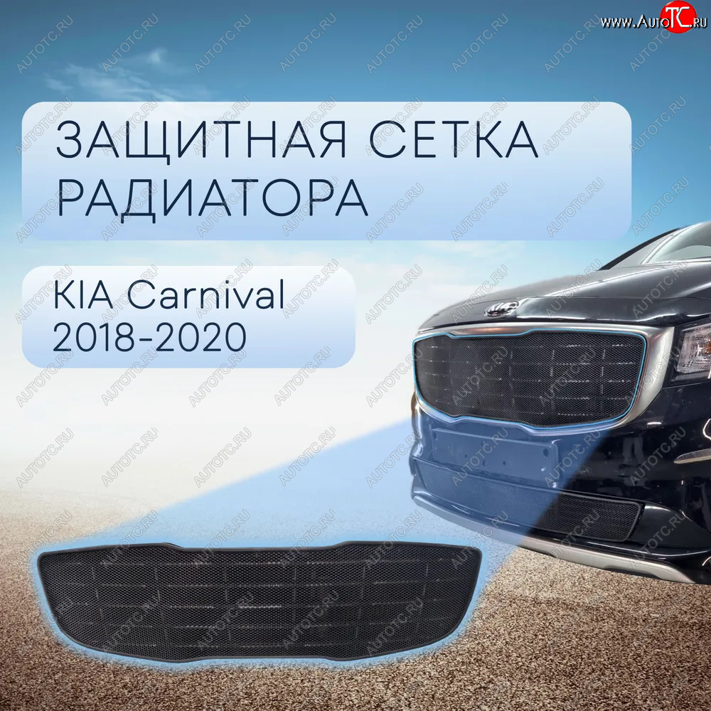 4 399 р. Защитная сетка в бампер (верх, ячейка 3х7 мм) Alfeco Стандарт  KIA Carnival  YP (2018-2020) минивэн рестайлинг (Чёрная)  с доставкой в г. Санкт‑Петербург