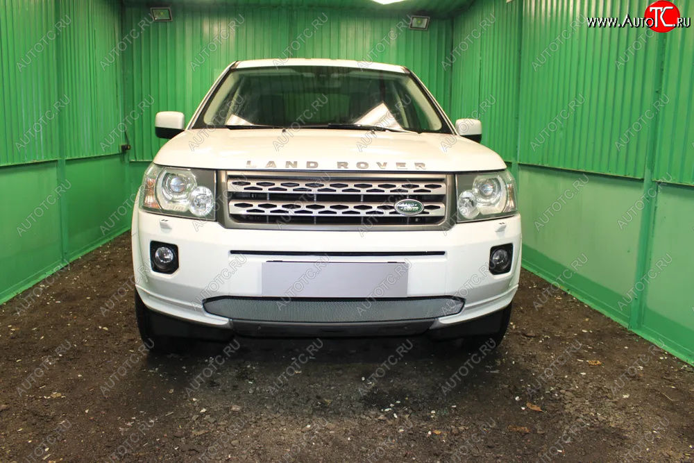 3 399 р. Защитная сетка в бампер (низ, ячейка 3х7 мм) Alfeco Стандарт  Land Rover Freelander  L359 (2010-2012) (Хром)  с доставкой в г. Санкт‑Петербург