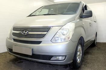 1 199 р. Зимняя заглушка решетки радиатора (верх 3 части) Стрелка11  Hyundai Starex/Grand Starex/H1  TQ (2007-2013) дорестайлинг (черная)  с доставкой в г. Санкт‑Петербург. Увеличить фотографию 1