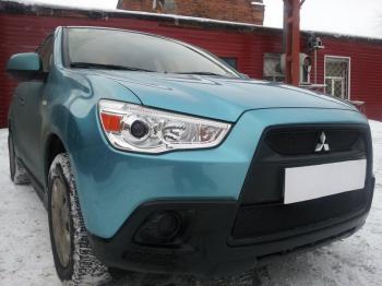 599 р. Зимняя заглушка решетки радиатора (верх, 2 части) Стрелка11 Mitsubishi ASX дорестайлинг (2010-2012) (черная)  с доставкой в г. Санкт‑Петербург. Увеличить фотографию 2