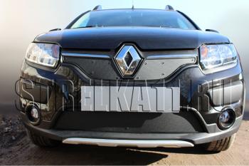 Зимняя заглушка решетки радиатора (верх) Стрелка11 Renault Sandero (B8) дорестайлинг (2014-2018)  (черная)