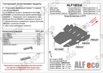 Защита картера и КПП (V-1,2; 1,6)ALFECO Renault (Рено) Sandero (Сандеро) ( (BS),  (B8)) (2009-2025) (BS), (B8) дорестайлинг, рестайлинг