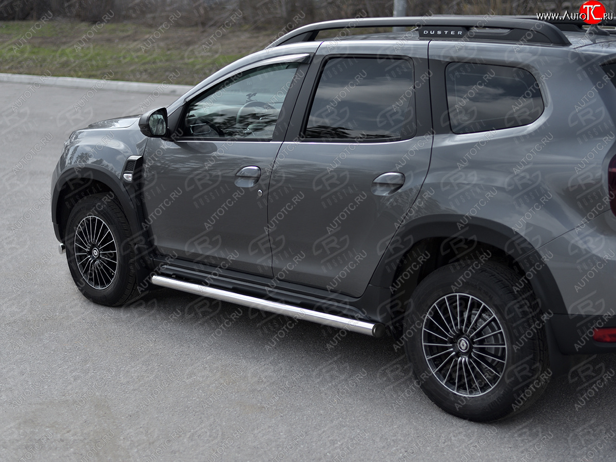 17 999 р. Защита порогов (Ø63 мм, нержавейка) SLITKOFF  Renault Duster  HM (2020-2024) (с пластиковыми заглушками на торцах, полированная нержавейка)  с доставкой в г. Санкт‑Петербург