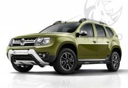 5 999 р. Защита переднего бампера (Ø63 мм волна, окрашенная) Russtal Renault Duster HS рестайлинг (2015-2021) (черный муар)  с доставкой в г. Санкт‑Петербург. Увеличить фотографию 1