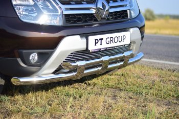 Защита переднего бампера двойная с пластинами из труб d63/63 мм Petroil Tuning Renault Duster HS дорестайлинг (2010-2015)  (Нержавеющая полированная сталь)