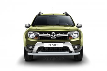 5 249 р. Защита переднего бампера (двойная Ø63 и 51 мм) Petroil Tuning Renault Duster HS рестайлинг (2015-2021) (серебристый (Искра))  с доставкой в г. Санкт‑Петербург. Увеличить фотографию 1