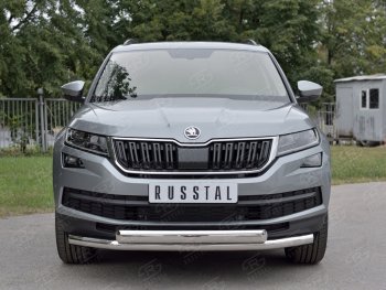 20 349 р. Защита переднего бампера (2 трубы Ø63 и 75х42 мм, нержавейка) Russtal Skoda Kodiaq NU7 дорестайлинг (2017-2021)  с доставкой в г. Санкт‑Петербург. Увеличить фотографию 1