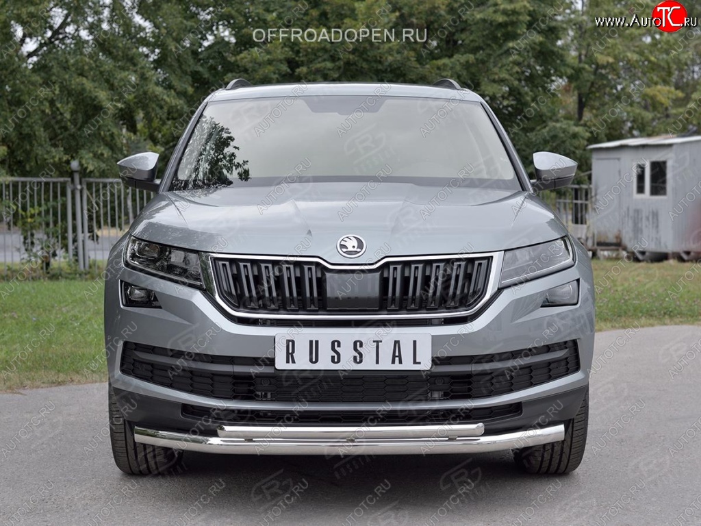 15 649 р. Защита переднего бампера (2 трубы Ø63 и 42 мм, нержавейка) Russtal  Skoda Kodiaq  NU7 (2017-2021) дорестайлинг  с доставкой в г. Санкт‑Петербург