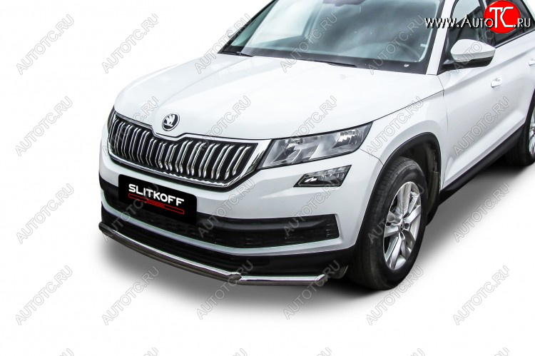 14 999 р. Защита переднего бампера Slitkoff (Ø 57+Ø 42, двойная).  Skoda Kodiaq  NU7 (2017-2021) дорестайлинг (Нержавеющая сталь)  с доставкой в г. Санкт‑Петербург