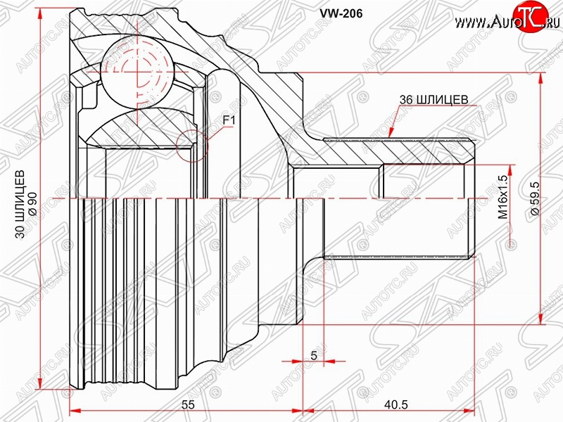 2 299 р. Шрус (наружный) SAT (30*36*59.5 мм)  Skoda Octavia (A5), Volkswagen Caddy (2K), Golf Plus (5), Jetta (A5), Passat (B6), Passat CC (дорестайлинг,  рестайлинг), Touran (1T)  с доставкой в г. Санкт‑Петербург