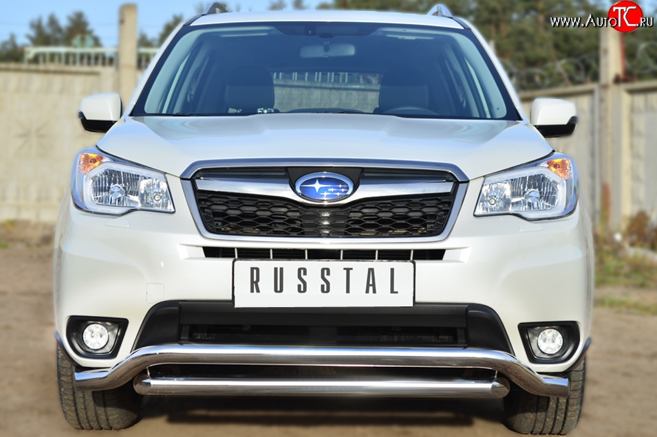 21 899 р. Защита переднего бампера (2 трубыØ63 мм, волна, нержавейка) Russtal Subaru Forester SJ дорестайлинг (2012-2016)  с доставкой в г. Санкт‑Петербург