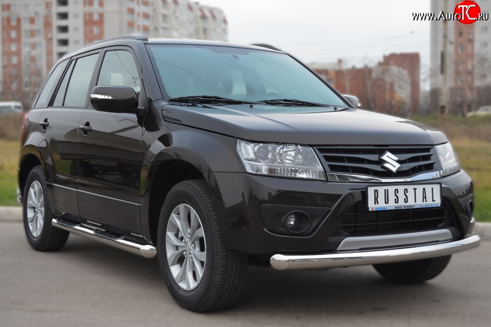 13 999 р. Одинарная защита переднего бампера диаметром 76 мм (5 дв.) Russtal Suzuki Grand Vitara JT 3 двери 2-ой рестайлинг (2012-2016)  с доставкой в г. Санкт‑Петербург