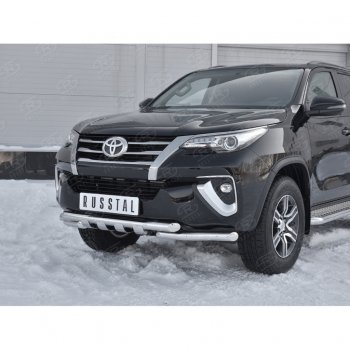 20 849 р. Защита переднего бампера (Ø63 мм с клыками, нержавейка) Russtal Toyota Fortuner AN160 дорестайлинг (2015-2020)  с доставкой в г. Санкт‑Петербург. Увеличить фотографию 4