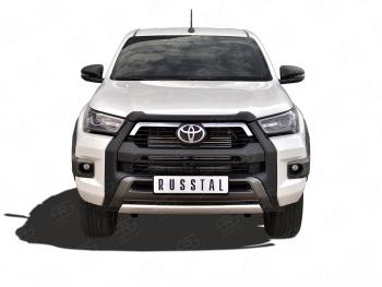 Защита переднего бампера (Ø75х42 мм, нержавейка, BLACK ONYX) Russtal Toyota Hilux AN120 2-ой рестайлинг (2020-2024)