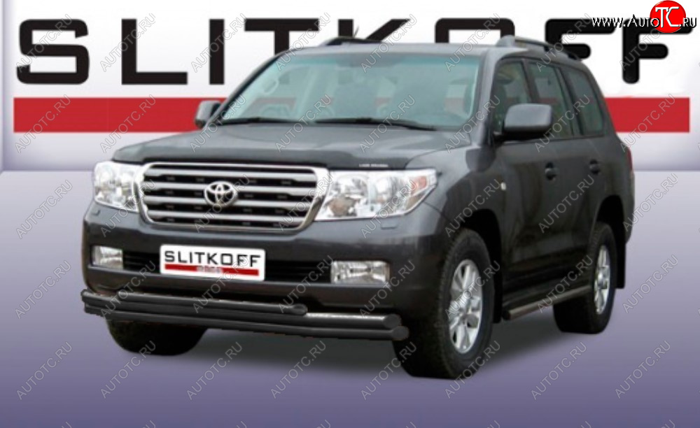 13 799 р. Защита переднего бампера Slitkoff (Ø 57+Ø 57+Ø 42, тройная).  Toyota Land Cruiser  200 (2007-2012) дорестайлинг (Сталь с полимерным покрытием. Цвет: черный)  с доставкой в г. Санкт‑Петербург