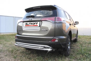 9 599 р. Защита заднего бампера Slitkoff (Ø57 и 42 мм, радиусная)  Toyota RAV4  XA40 (2015-2019) 5 дв. рестайлинг (Нержавейка полированная)  с доставкой в г. Санкт‑Петербург. Увеличить фотографию 1