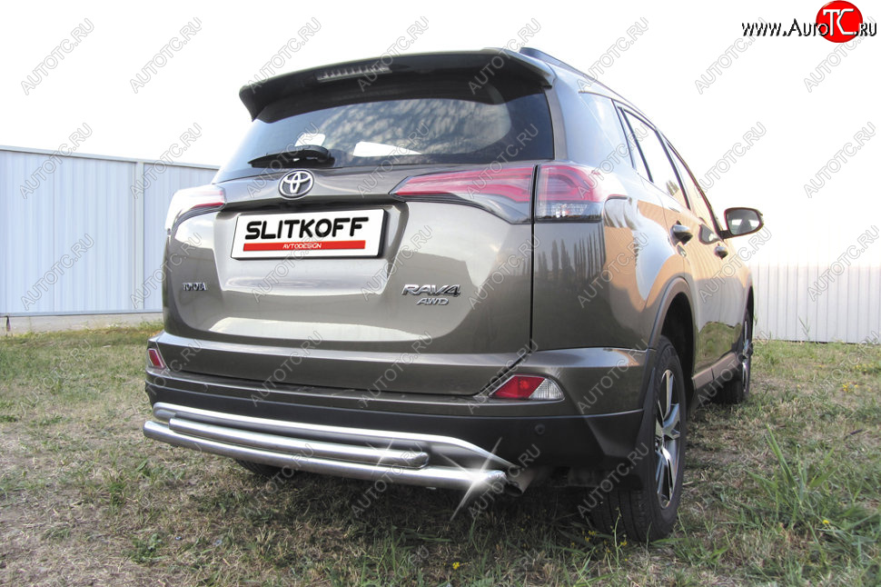 9 599 р. Защита заднего бампера Slitkoff (Ø57 и 42 мм, радиусная)  Toyota RAV4  XA40 (2015-2019) 5 дв. рестайлинг (Нержавейка полированная)  с доставкой в г. Санкт‑Петербург