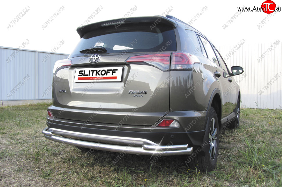 11 849 р. Защита заднего бампера Slitkoff (Ø57 и 42 мм, длинная)  Toyota RAV4  XA40 (2015-2019) 5 дв. рестайлинг (Нержавейка полированная)  с доставкой в г. Санкт‑Петербург