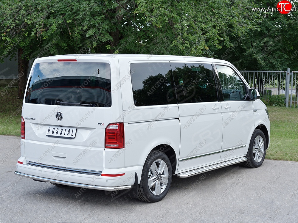 11 449 р. Защита заднего бампера (Ø42 мм, нержавейка, длинная версия) Russtal Volkswagen Transporter T6 дорестайлинг (2015-2019)  с доставкой в г. Санкт‑Петербург