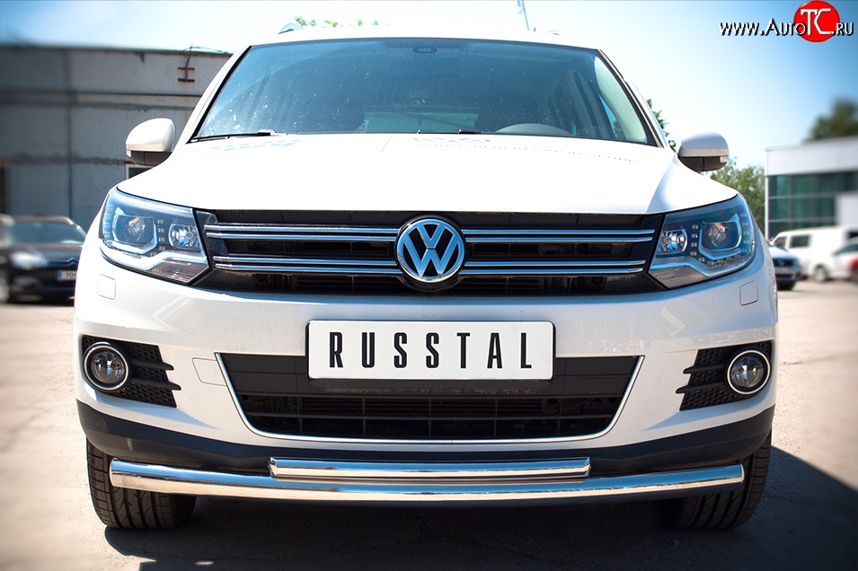 10 249 р. Защита переднего бампера (2 трубыØ63 и 42 мм, нержавейка) Russtal Volkswagen Tiguan NF рестайлинг (2011-2017)  с доставкой в г. Санкт‑Петербург