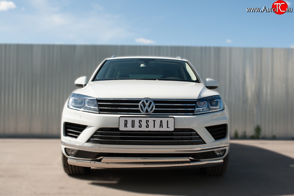 27 999 р. Защита переднего бампера (2 трубыØ75х42 мм, нержавейка) Russtal Volkswagen Touareg NF рестайлинг (2014-2018)  с доставкой в г. Санкт‑Петербург