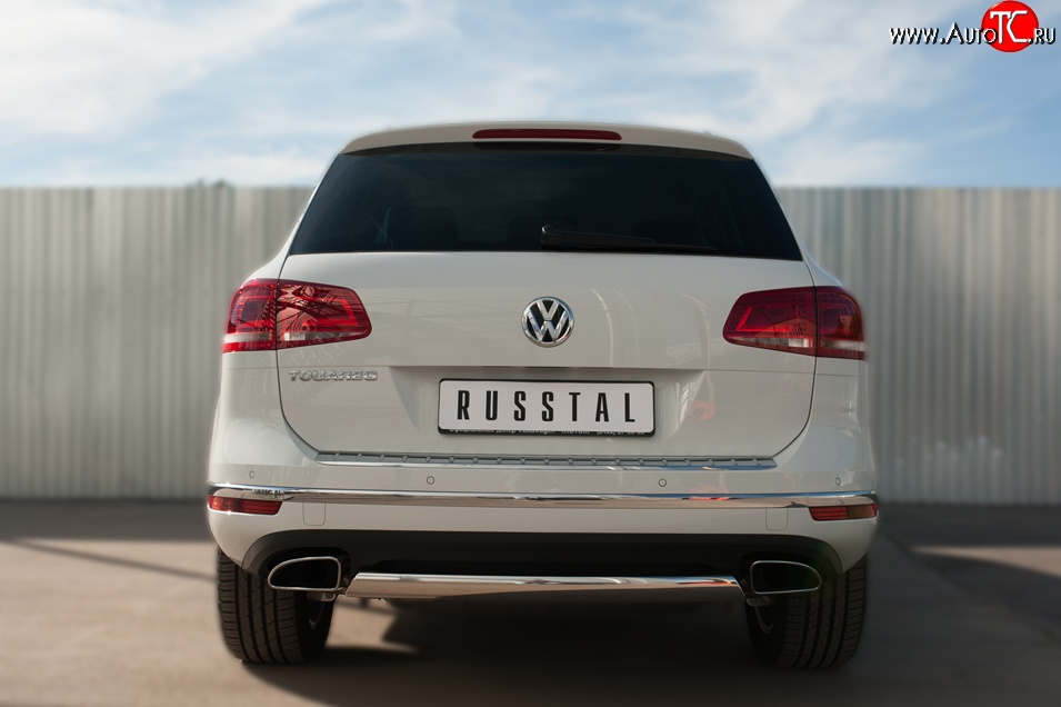 15 649 р. Защита заднего бампера (Ø75x42 мм, нержавейка) Russtal Volkswagen Touareg NF рестайлинг (2014-2018)  с доставкой в г. Санкт‑Петербург