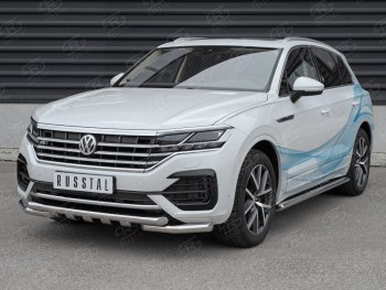 24 999 р. Защита переднего бампера (2 трубы Ø63 с клыками, нержавейка not 2.0 tsi) Russtal Volkswagen Touareg CR (2018-2024)  с доставкой в г. Санкт‑Петербург. Увеличить фотографию 3