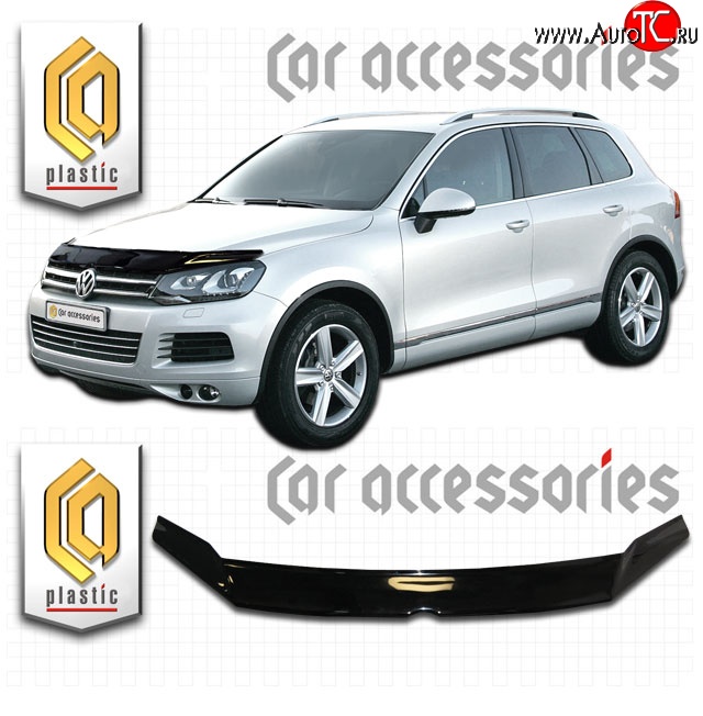 2 199 р. Дефлектор капота CA Plastic exclusive Volkswagen Touareg NF дорестайлинг (2010-2014) (Classic черный, Без надписи)  с доставкой в г. Санкт‑Петербург